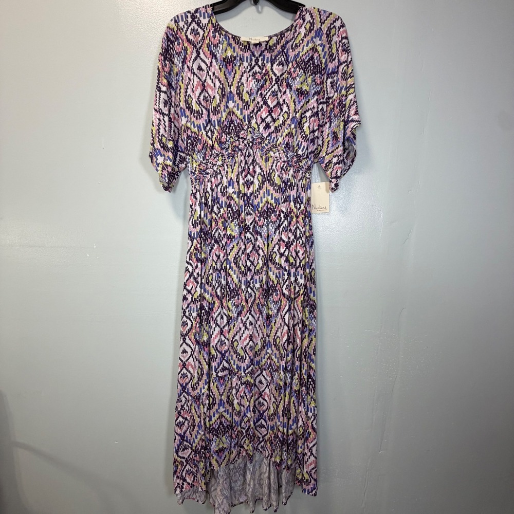 Nurture by Westbound Womens Small Geometric Ikat Smocked Midi Dress Purple Multi